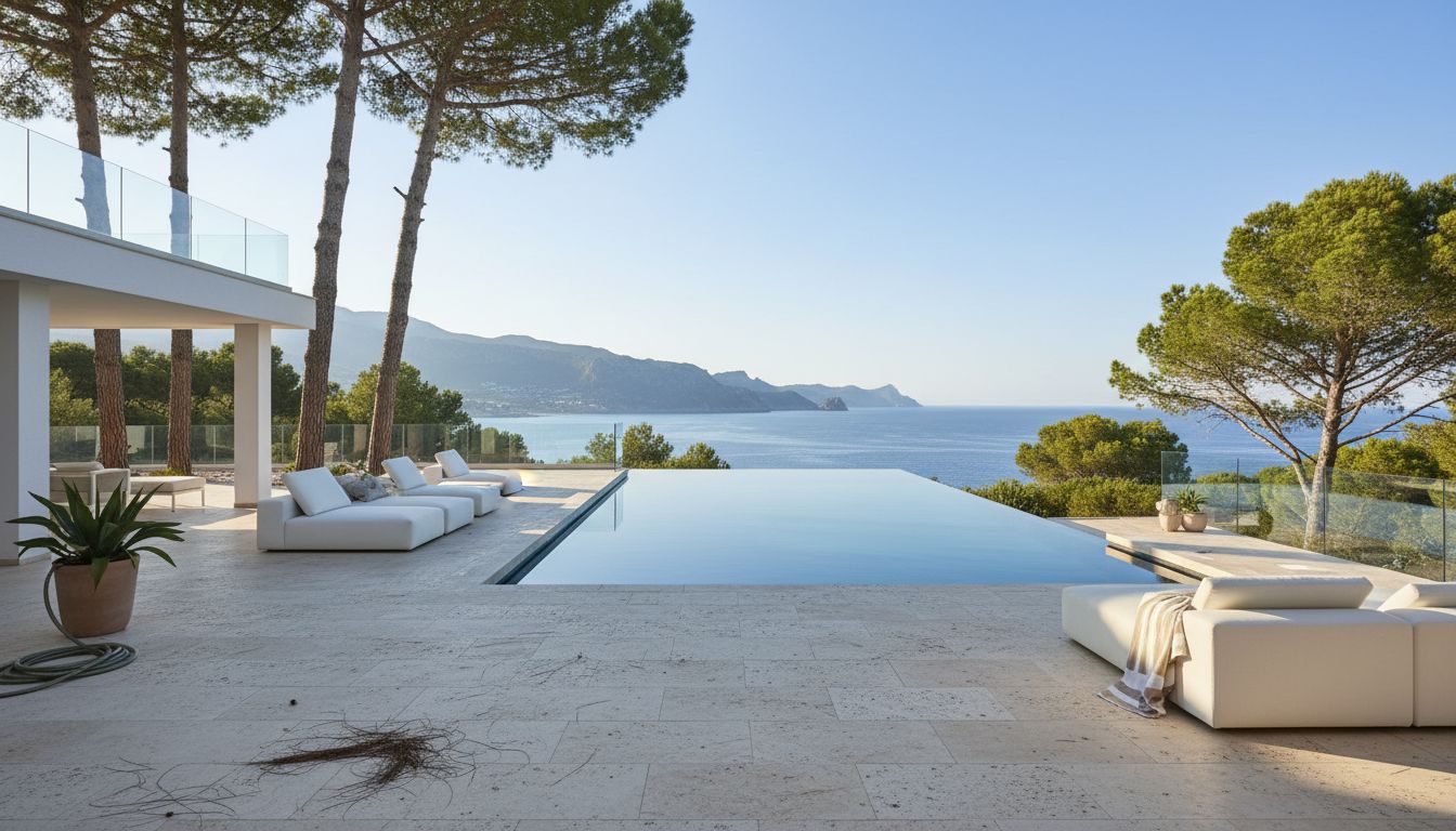 Couple on Mallorca luxury villa terrace overlooking sea