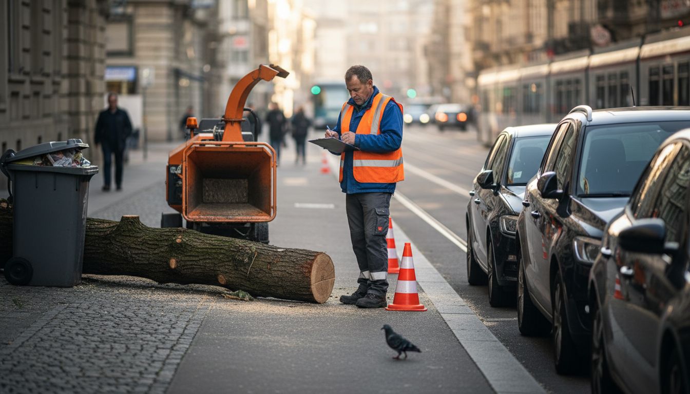 City worker handling felled street tree Zurich