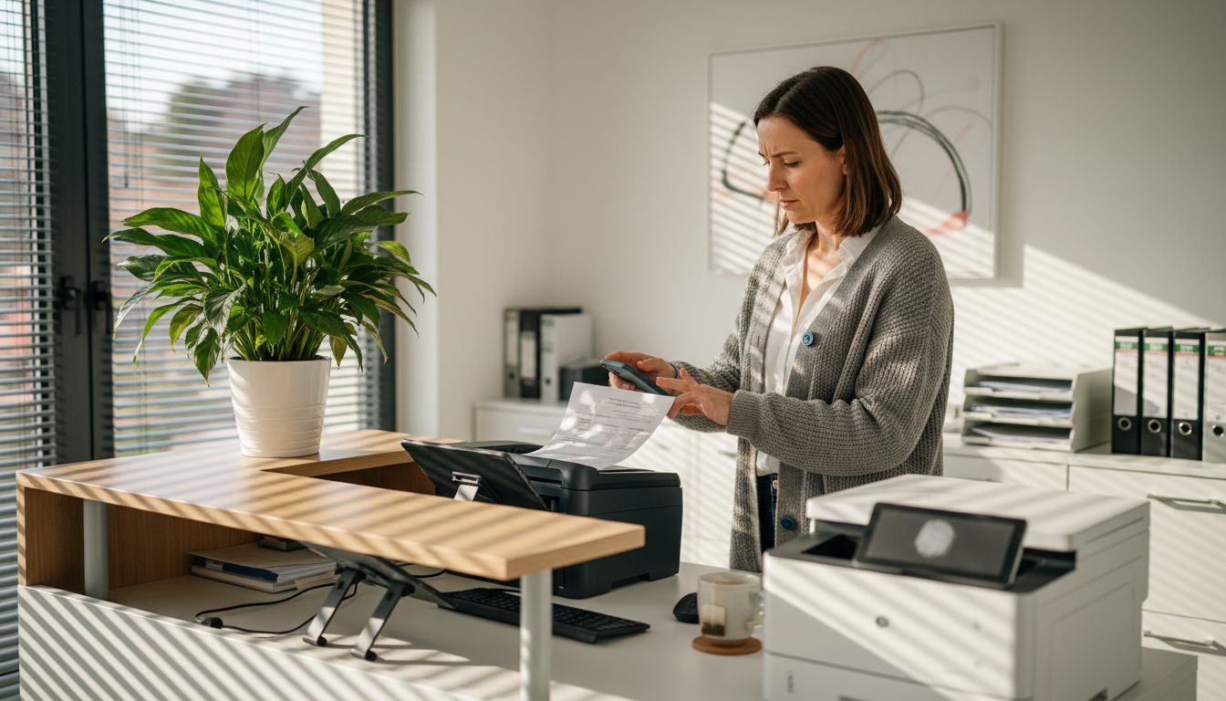 Woman scans document at medical practice desk