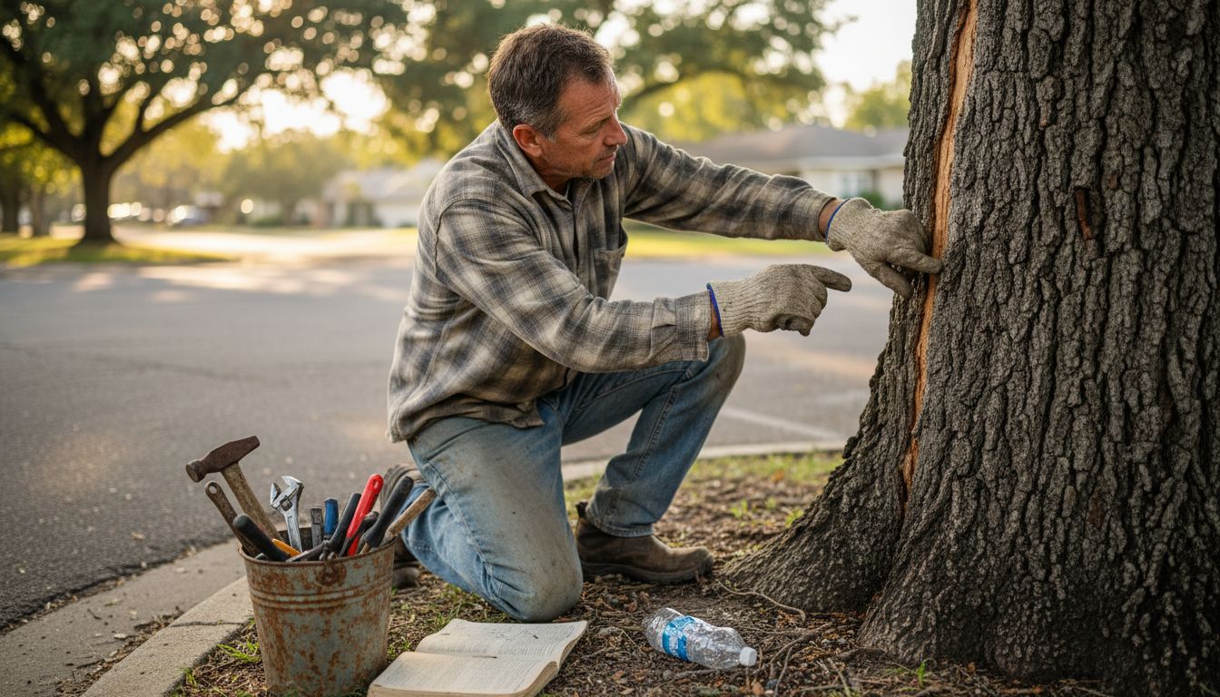 Technician points to crack in roadside tree