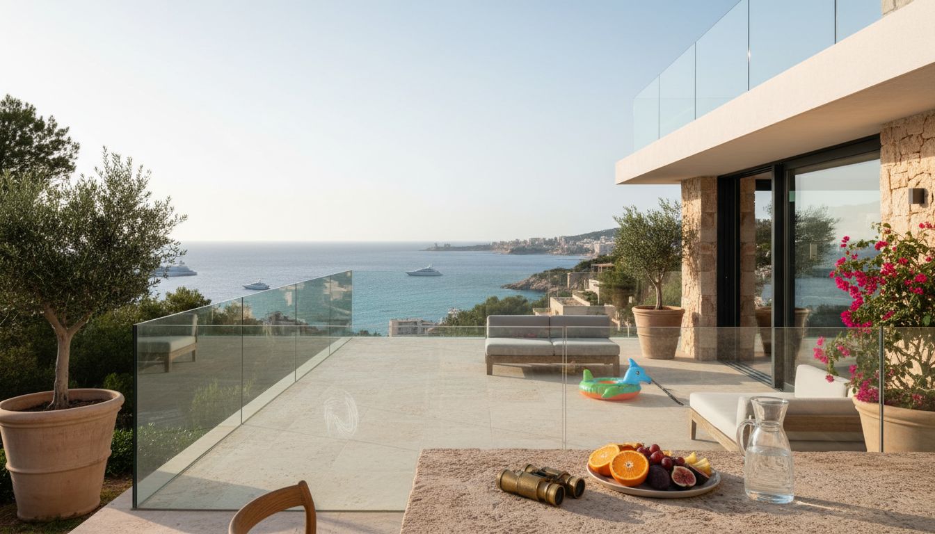 Couple touring luxury Mallorca villa terrace