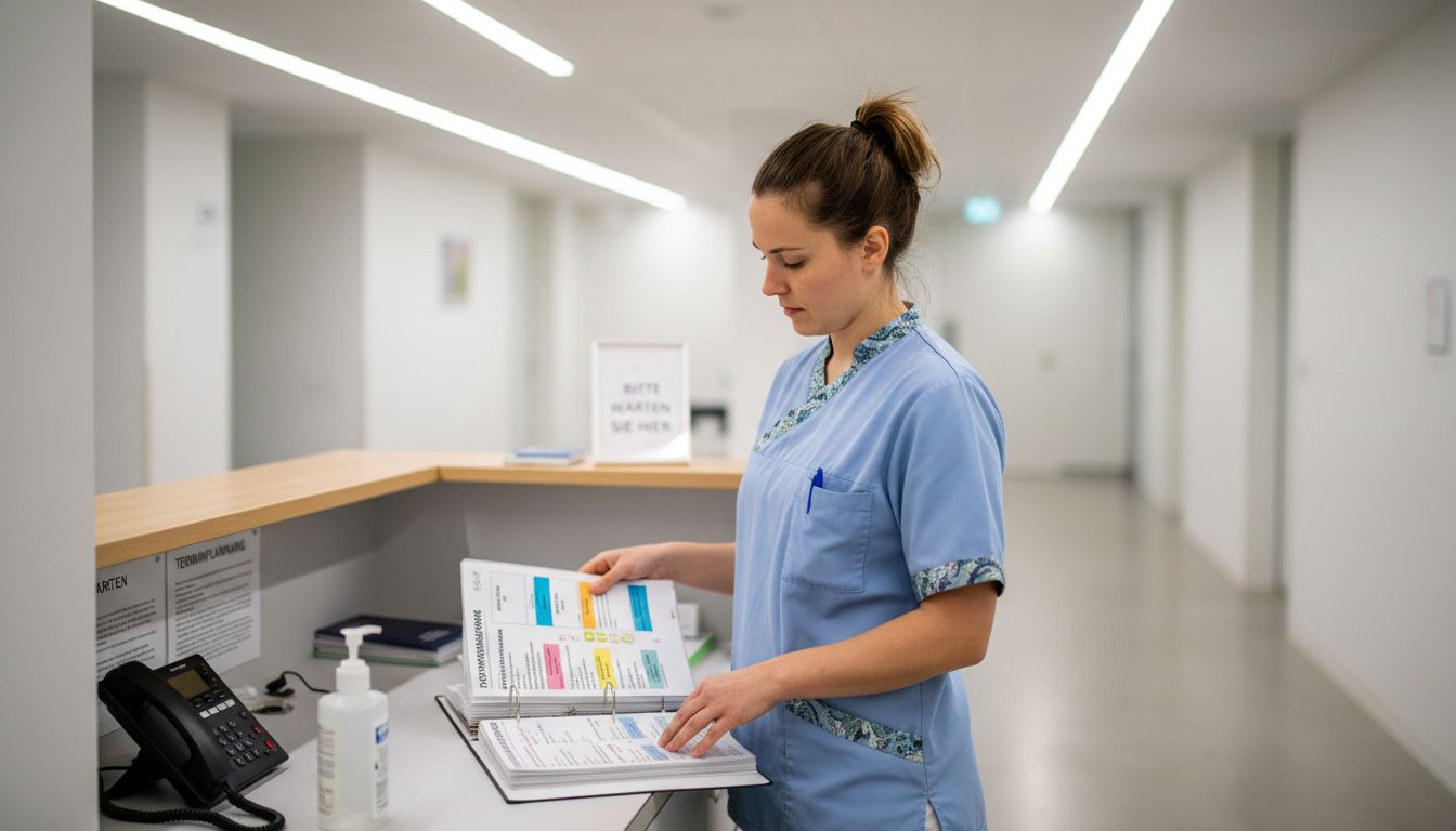 Eine Medizinische Fachangestellte überprüft die Unterlagen zum Ablauf sorgfältig.