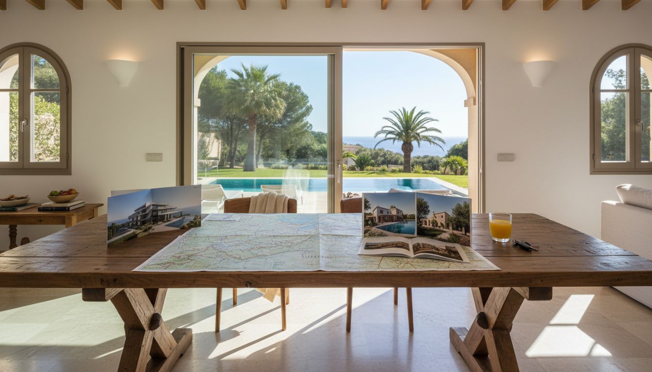Couple compares Mallorca villa finca apartment property brochures