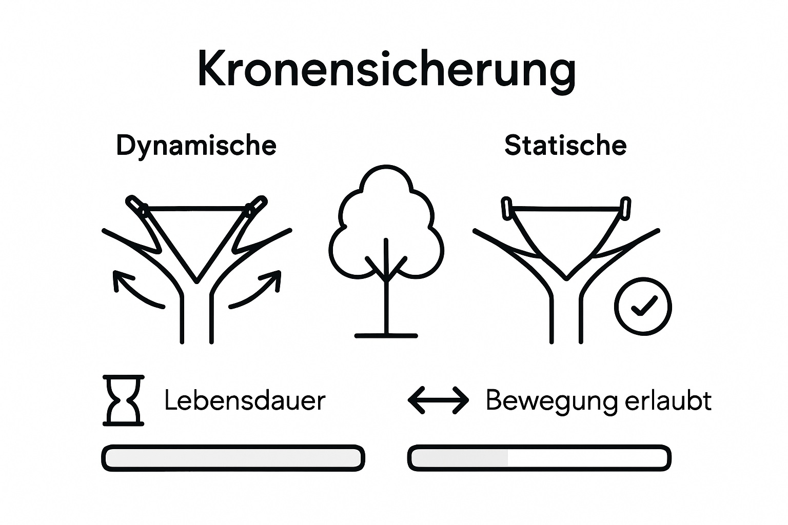 Vergleichsgrafik: Dynamische vs. statische Kronensicherung bei Bäumen