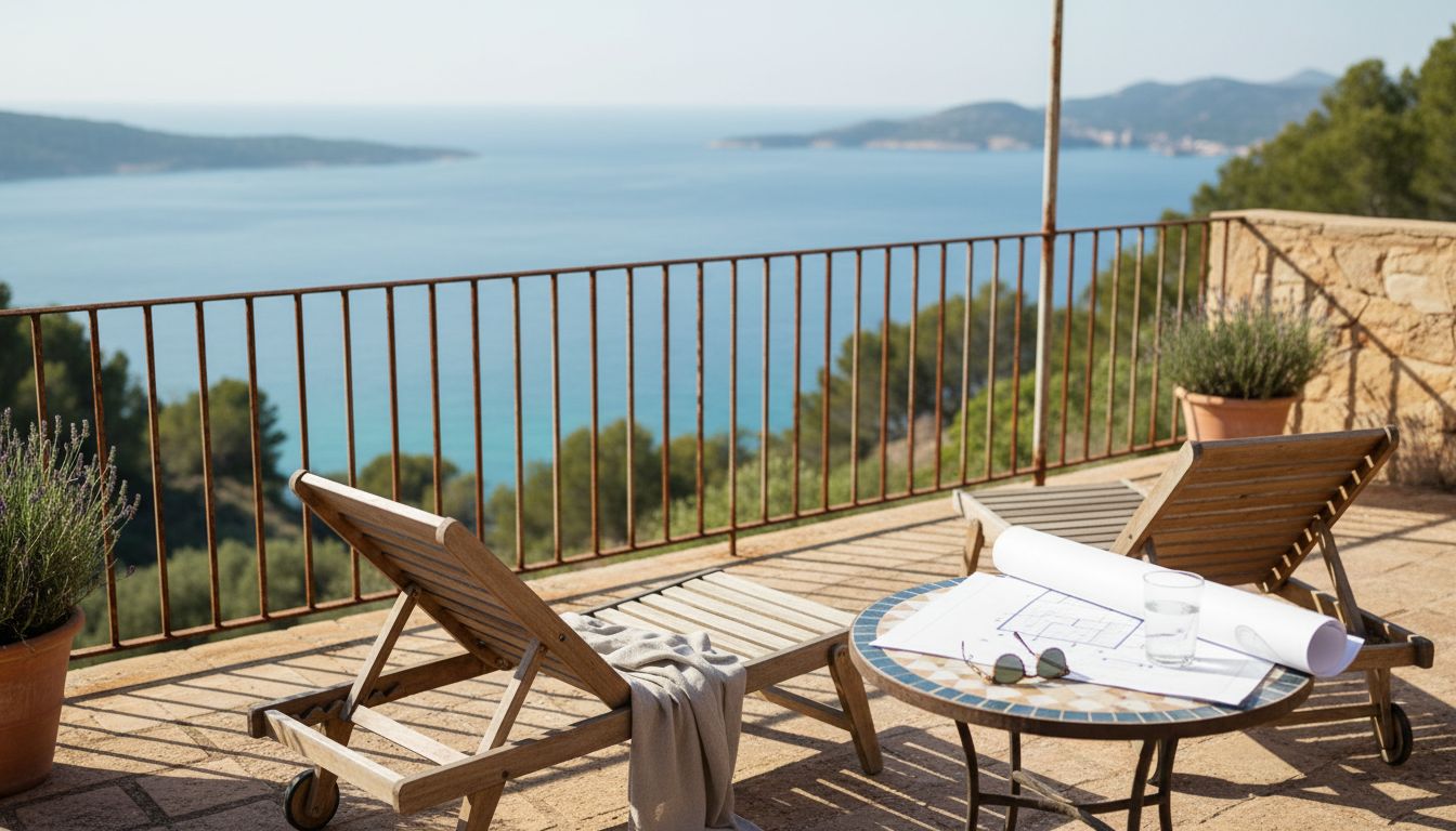 Agent reviewing villa plans on terrace