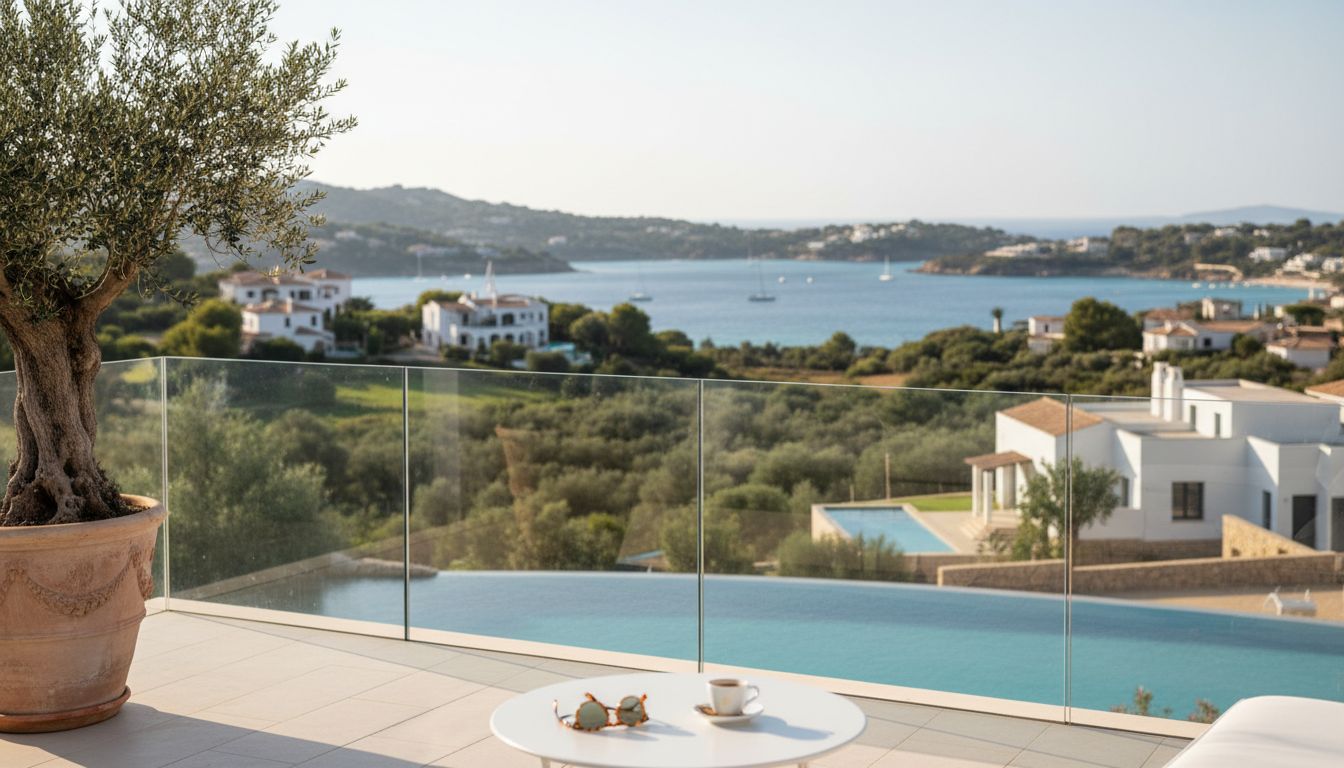 Couple overlooking Mallorca coast from luxury villa terrace
