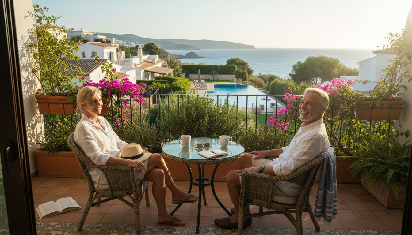 Couple on Mallorca apartment balcony sea view