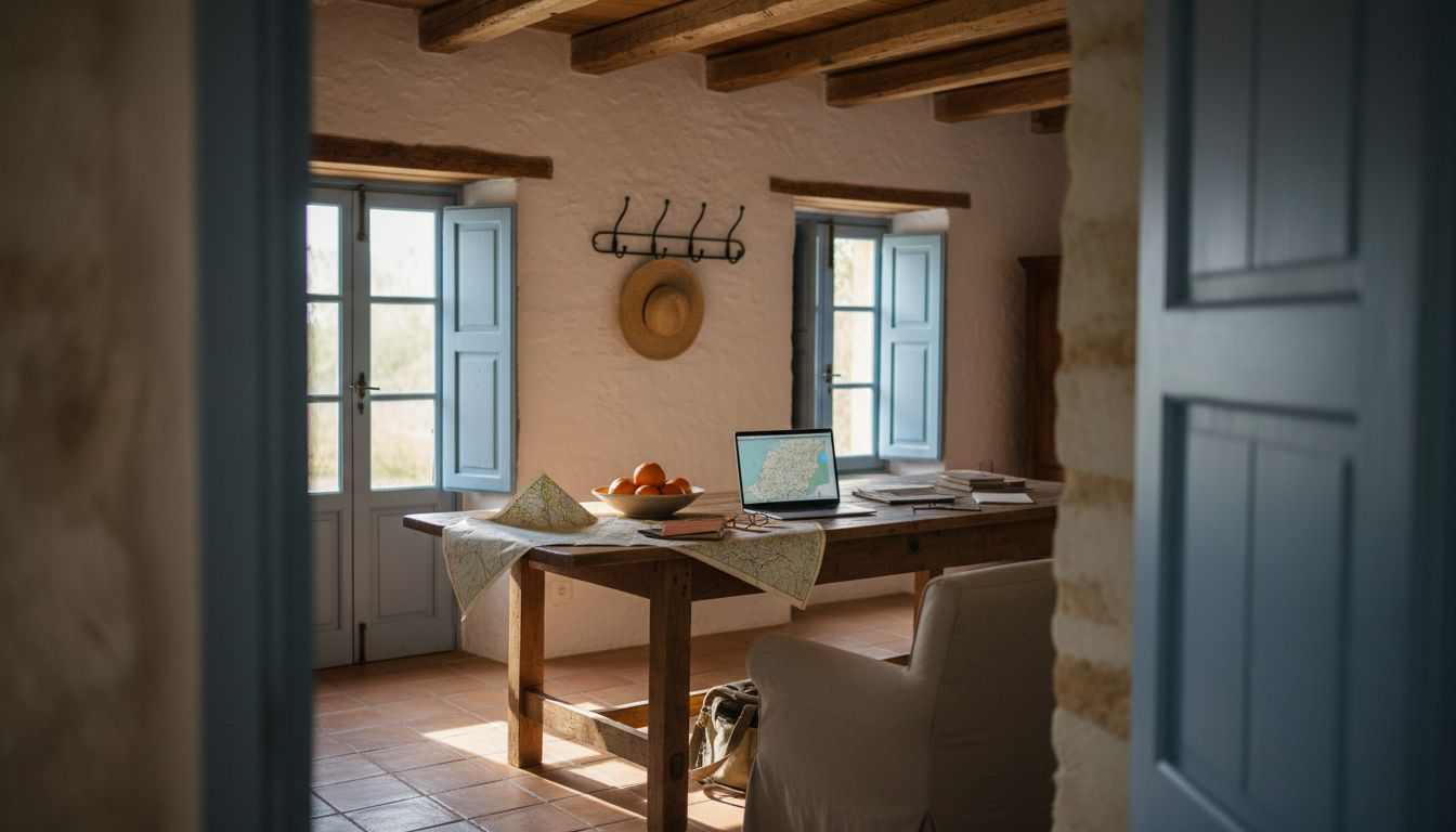 Man exploring stone villa living room Mallorca