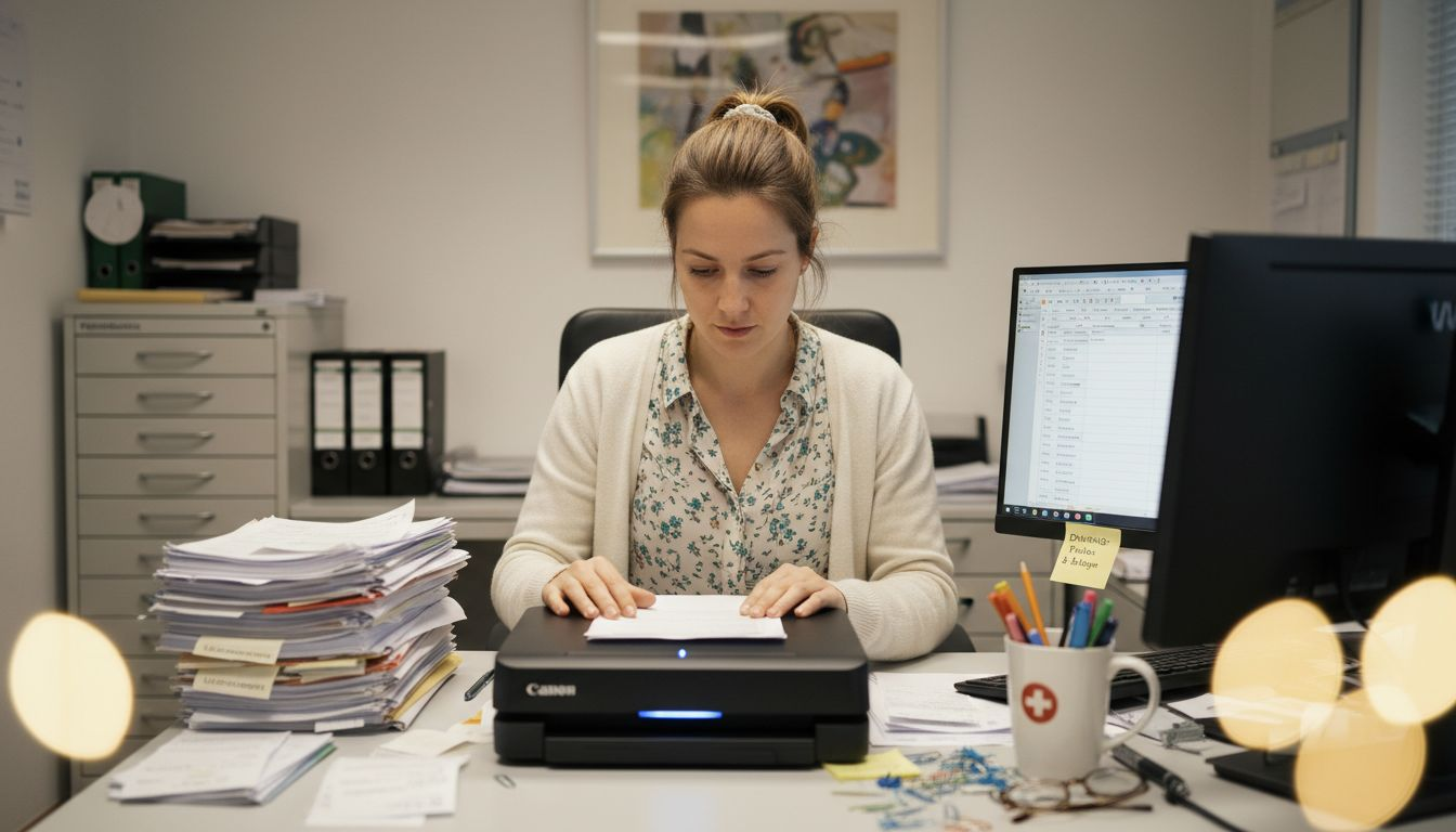 Eine Mitarbeiterin prüft Lieferantenunterlagen an ihrem Schreibtisch.