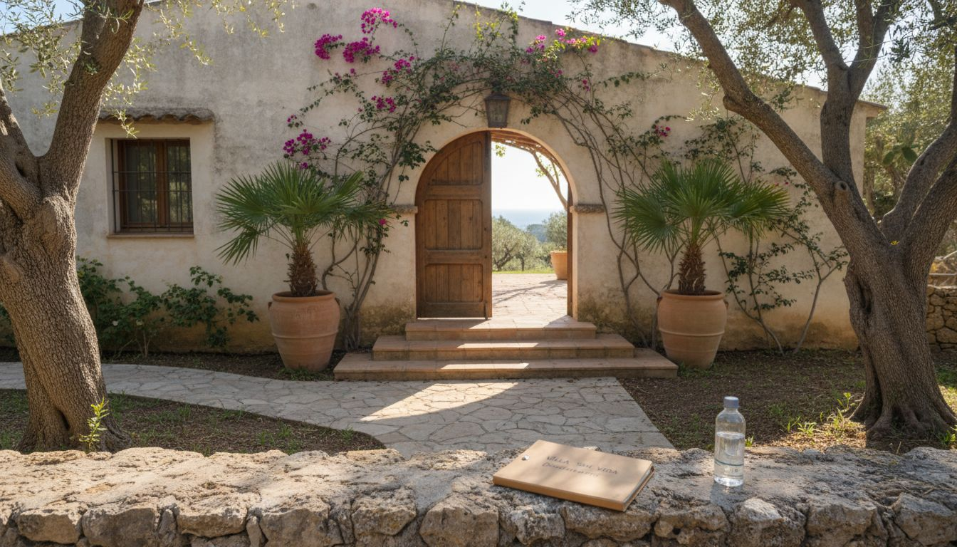 Couple reviewing papers outside Mallorca villa