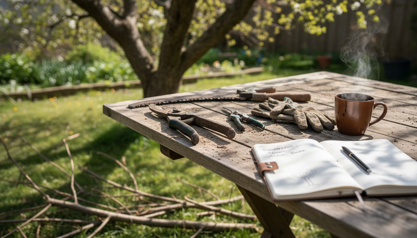 Im Garten stehen verschiedene Werkzeuge für den Baumschnitt ordentlich auf dem Tisch bereit.