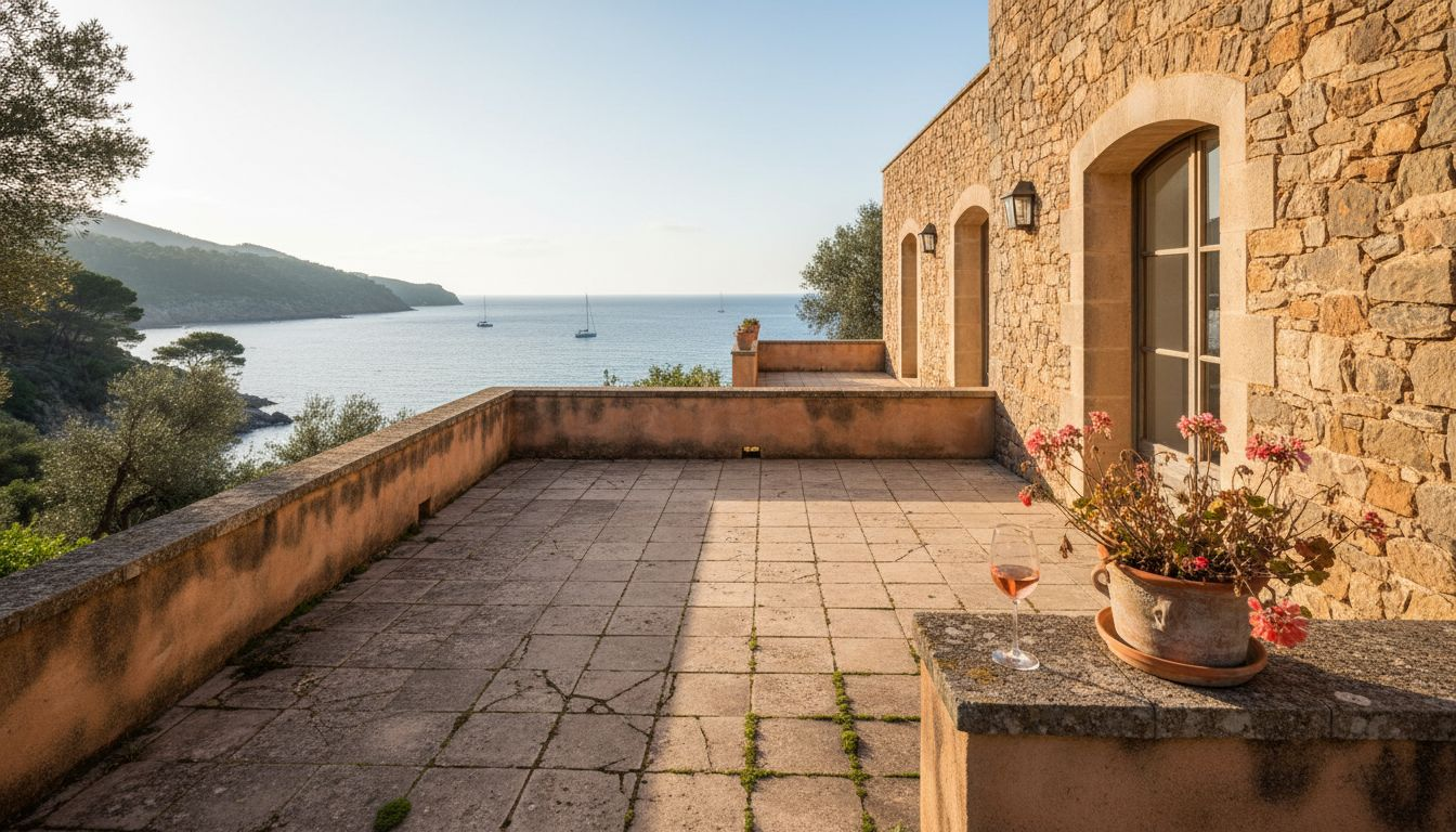 Couple overlooking Mallorca waterfront villa terrace