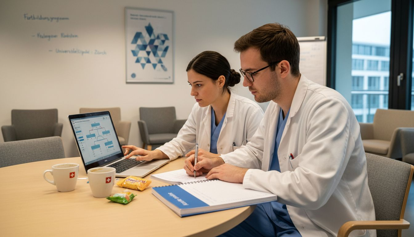 Zwei Ärzte besprechen gemeinsam einen virtuellen Fall am Laptop.