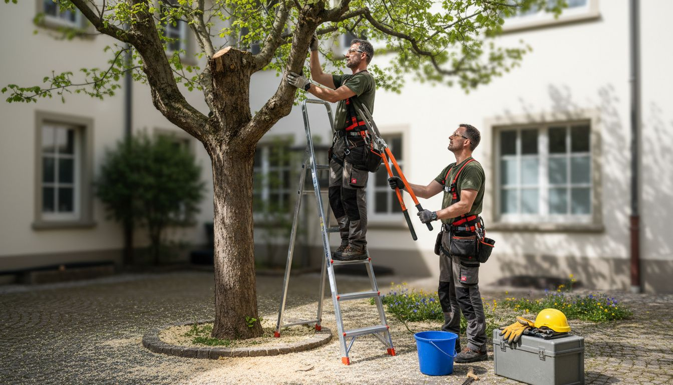 Zwei erfahrene Baumpfleger führen mit professionellem Werkzeug fachgerechte Arbeiten am Baum durch.