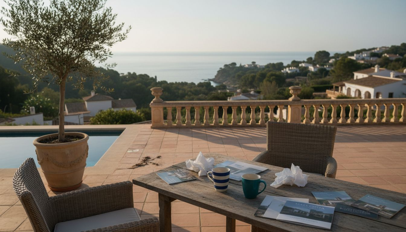 Couple reviewing Mallorca villa brochures
