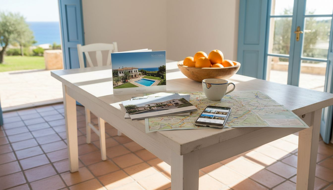 Couple researching Mallorca property at kitchen table