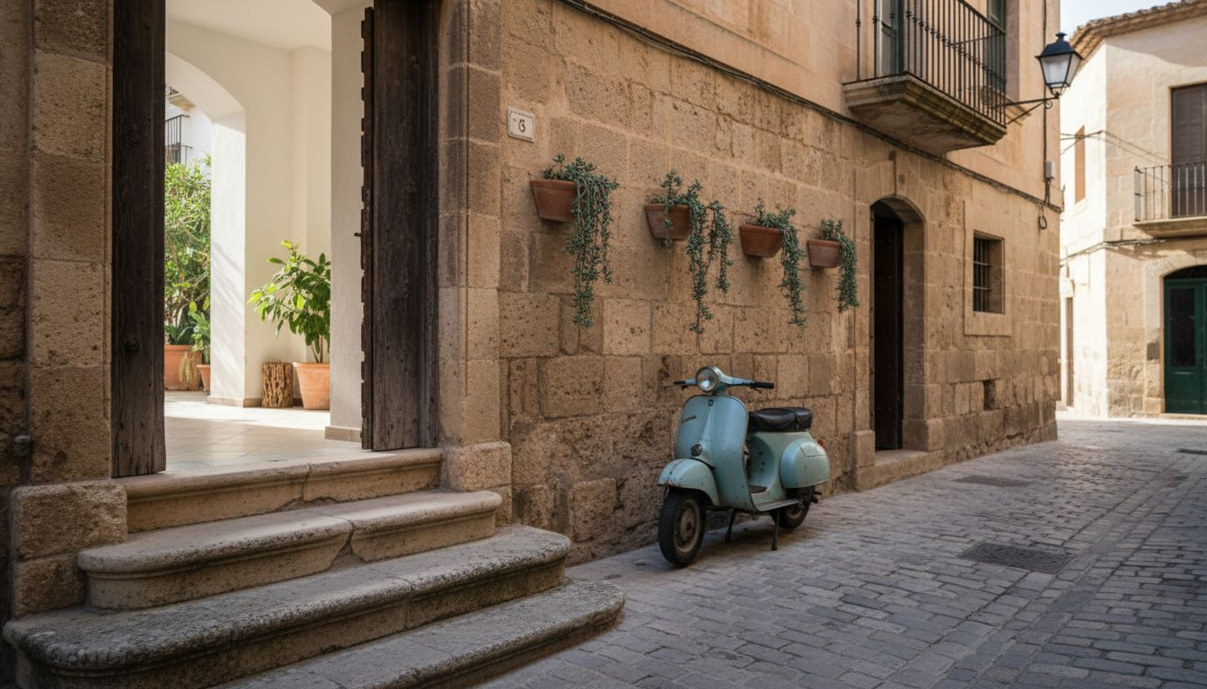 Agent greeting buyers outside Mallorca townhouse