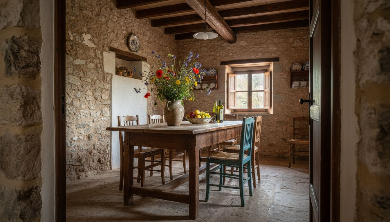 Woman arranging flowers in rustic finca kitchen