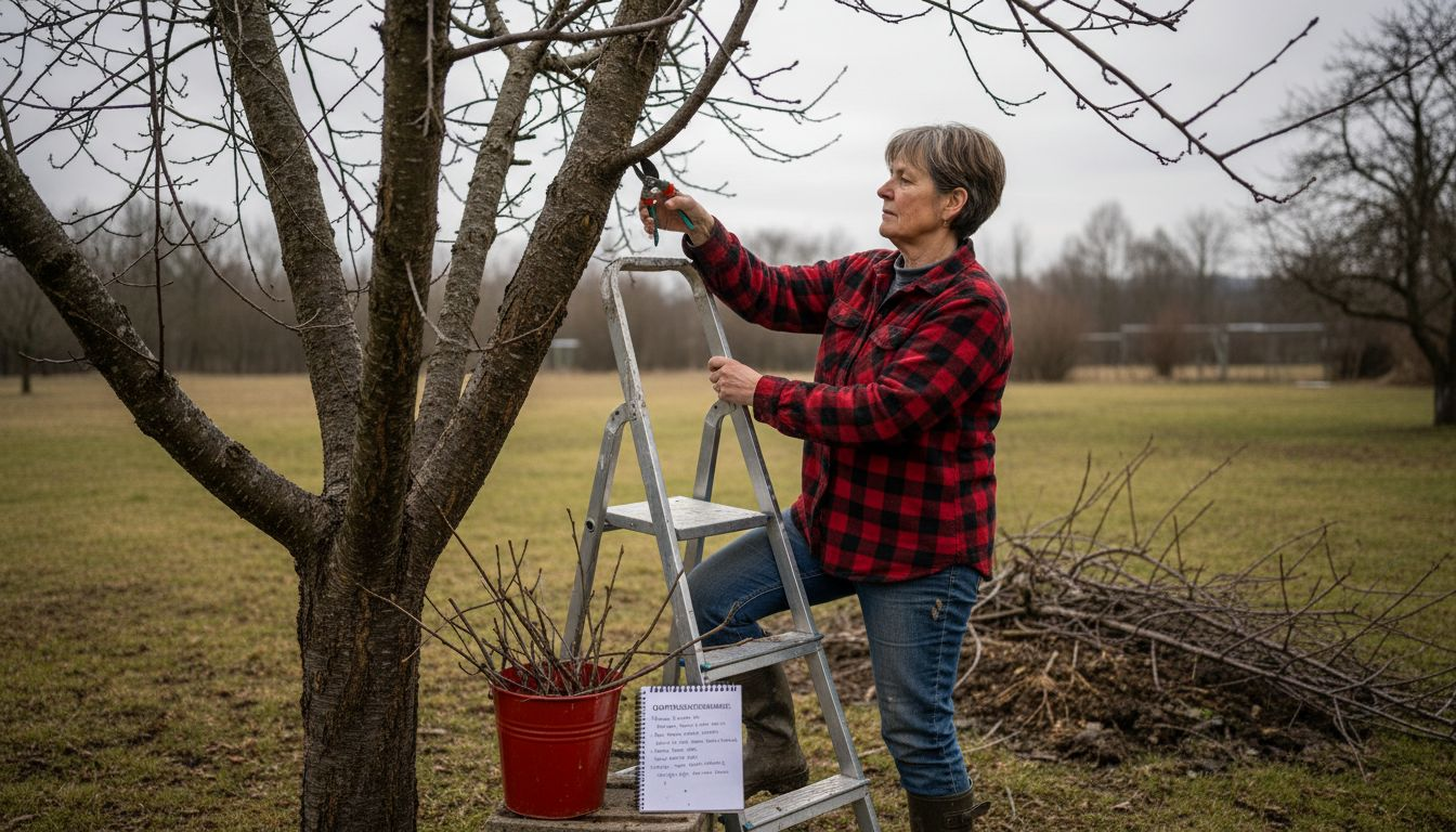 Ein Gärtner schneidet den Kirschbaum zurecht und benutzt dabei eine Leiter sowie sein Werkzeug.