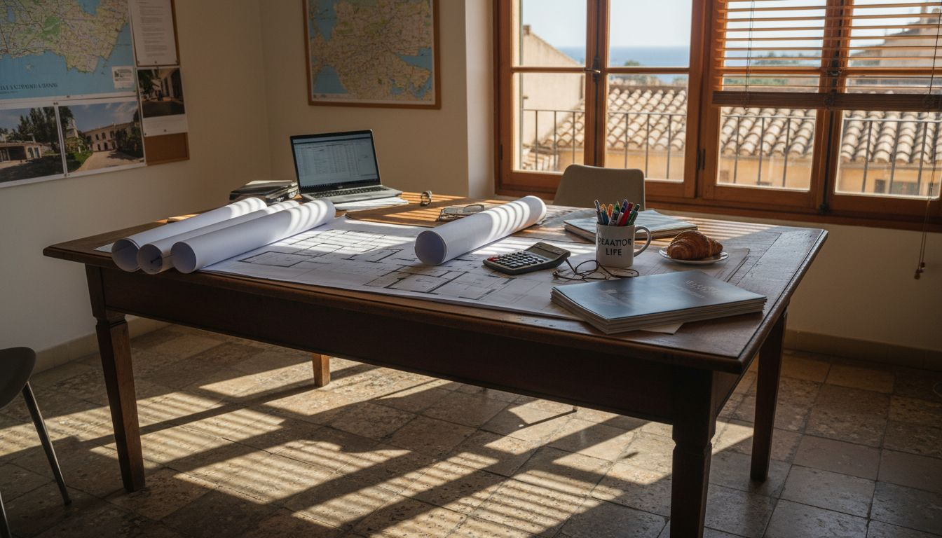 Real estate agent with floor plans in Mallorca office