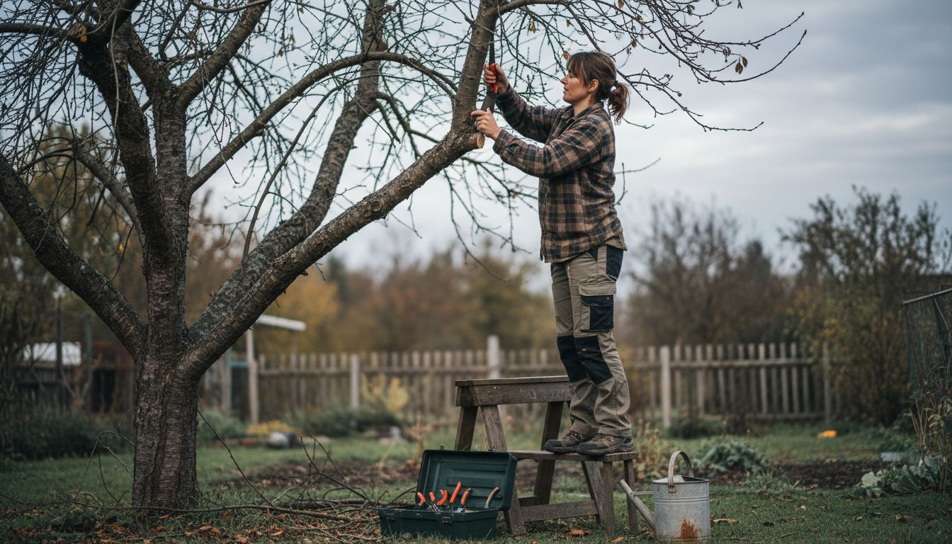 Eine Frau schneidet beim Baumschnitt überflüssige Äste zurück.