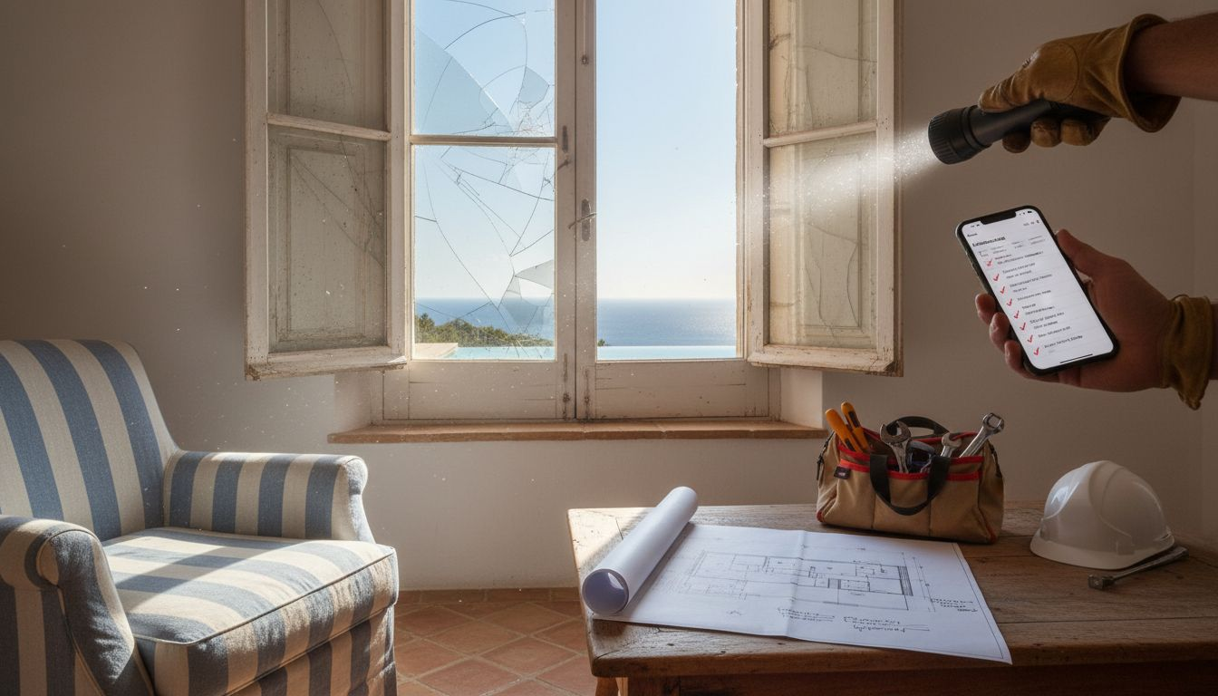 Inspector checking window frame for repairs