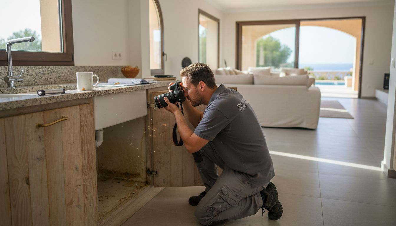 Inspector checks for water damage in villa