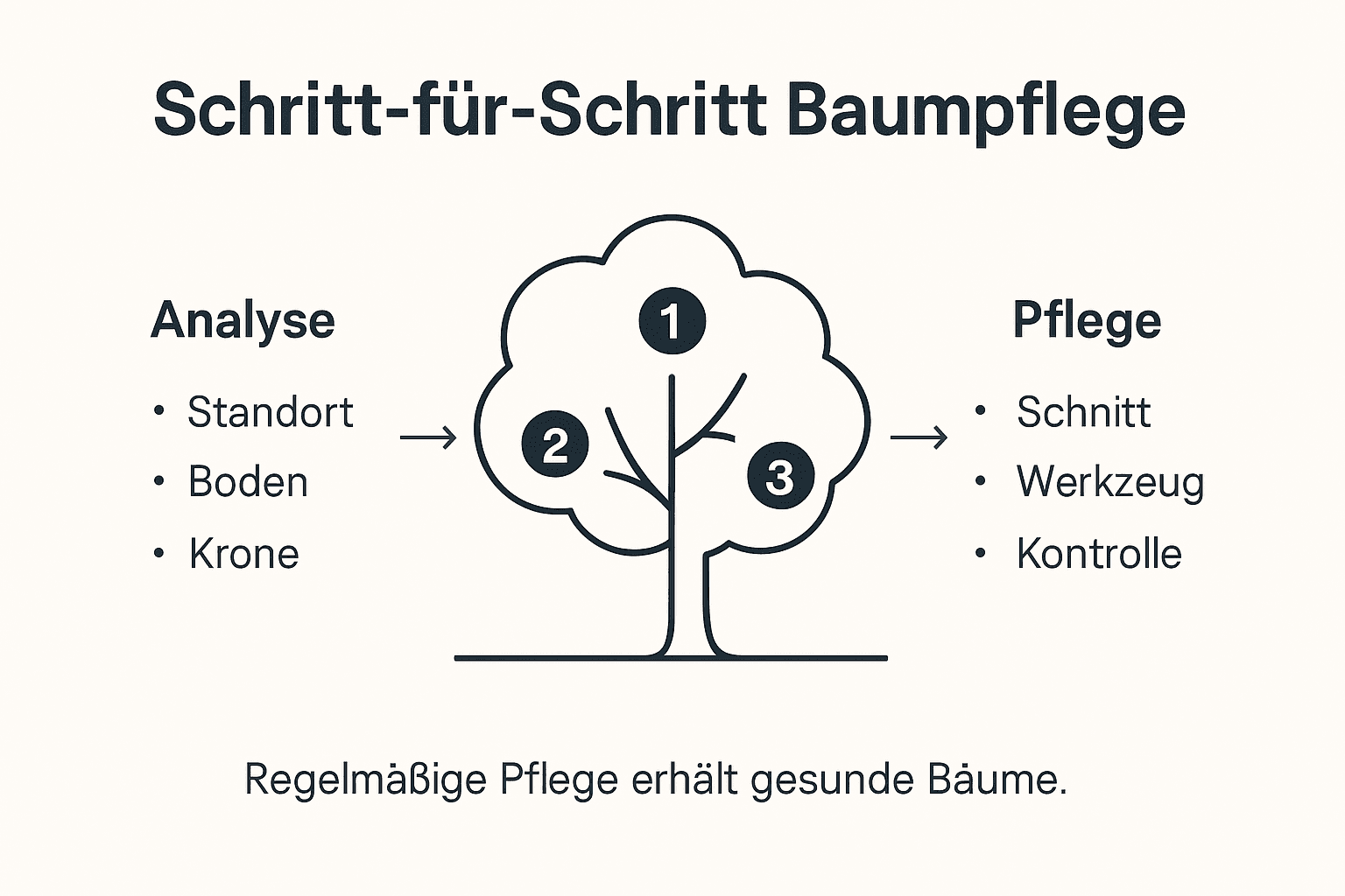 Übersichtsgrafik: Wichtige Schritte und zentrale Aspekte der Baumpflege auf einen Blick