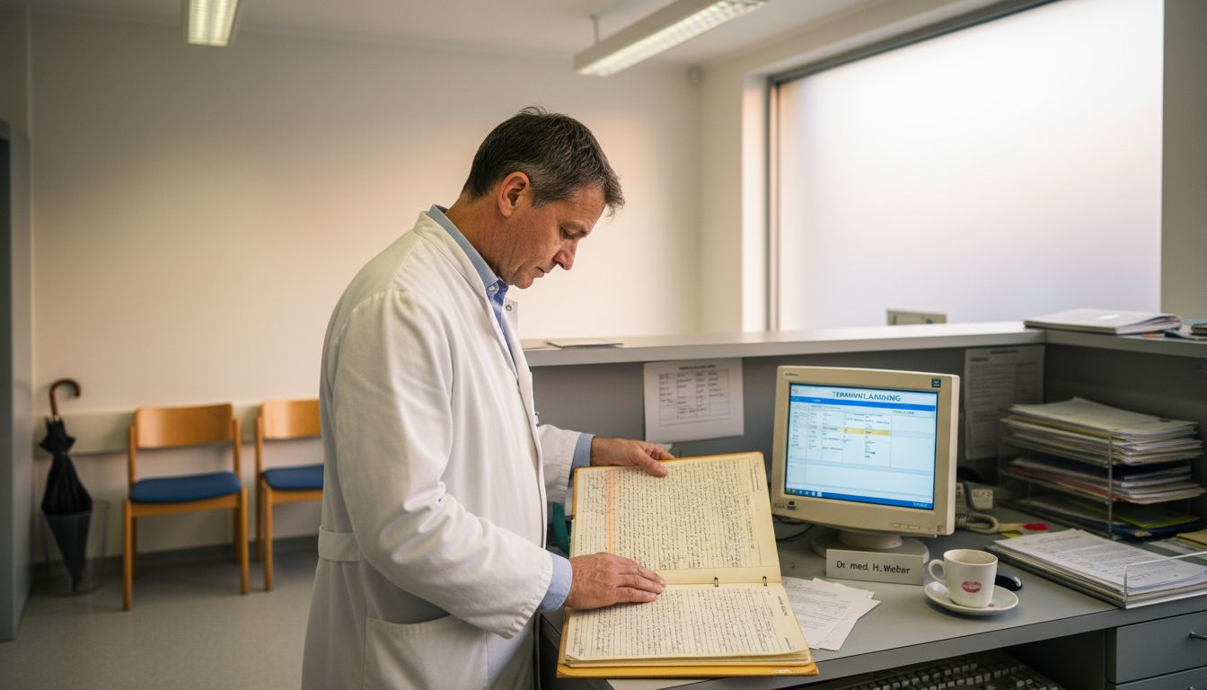 Ein Arzt schaut sich am Empfang die Patientenakten durch.