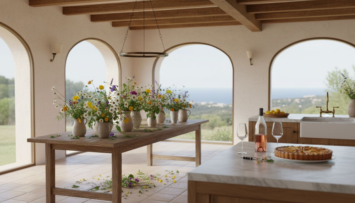 Villa interior with owner arranging flowers