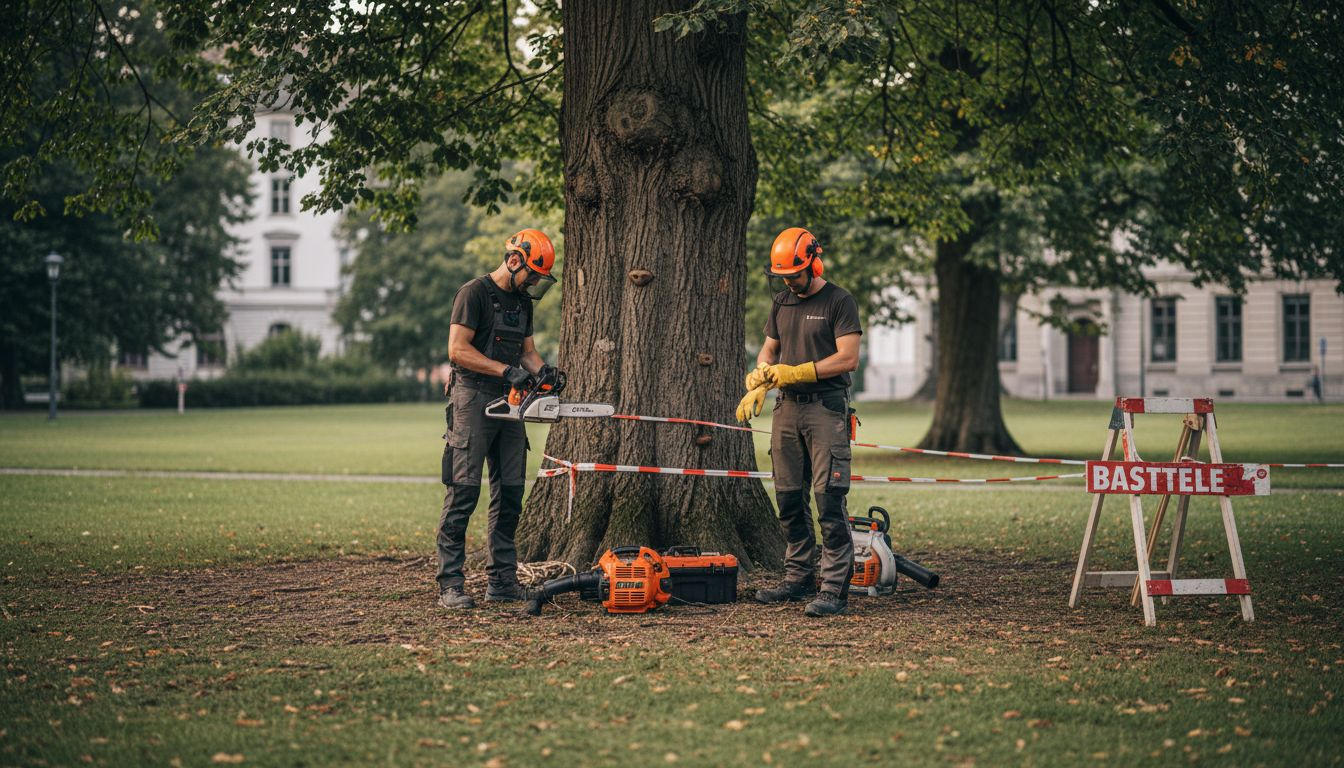 Ein Team arbeitet mit professioneller Ausrüstung an der Baumpflege im Stadtpark.