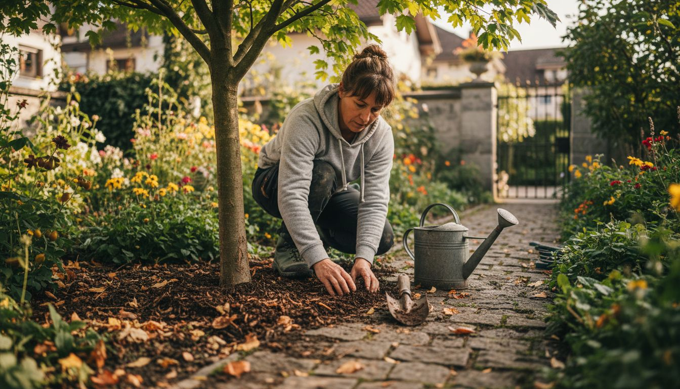Ein Gärtner kümmert sich im Zürcher Garten liebevoll um die Wurzeln eines Baumes.