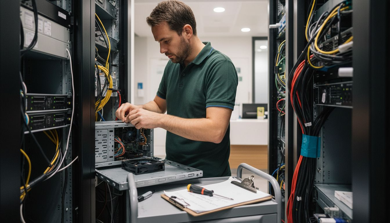 Ein IT-Fachmann führt am Praxis-Server Wartungsarbeiten durch, um den Datenschutz sicherzustellen.