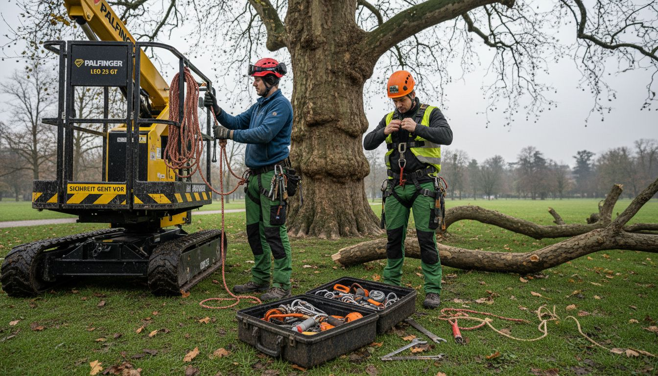 Das Baumpflegeteam bereitet im Park die Ausrüstung für den Einsatz vor.