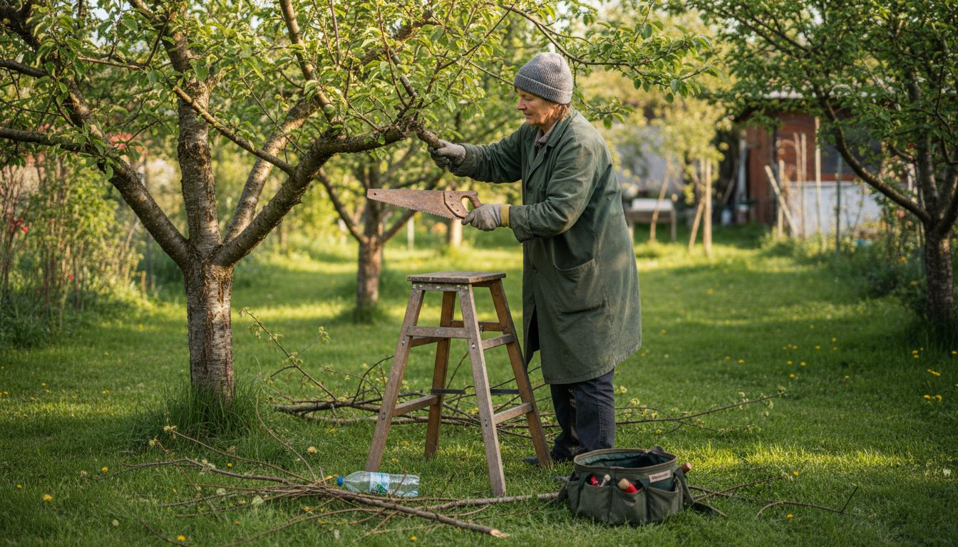 Eine Frau schneidet mit einer Handsäge Äste von einem Baum.