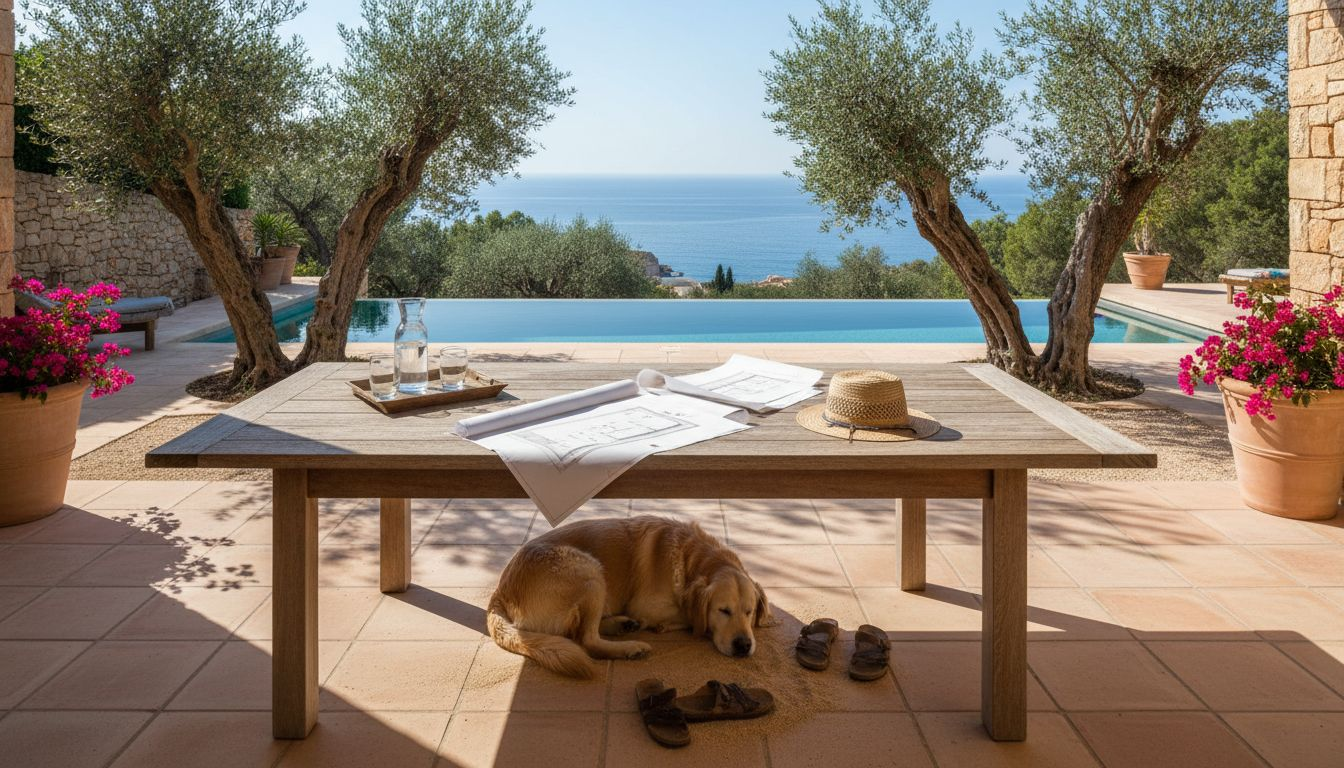 Couple reviewing Mallorca villa documents outdoors