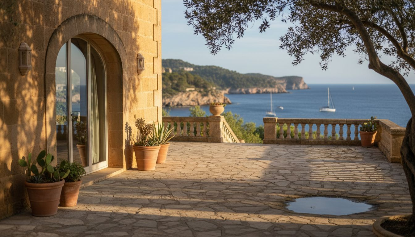 Couple on Mallorca villa terrace with sea view