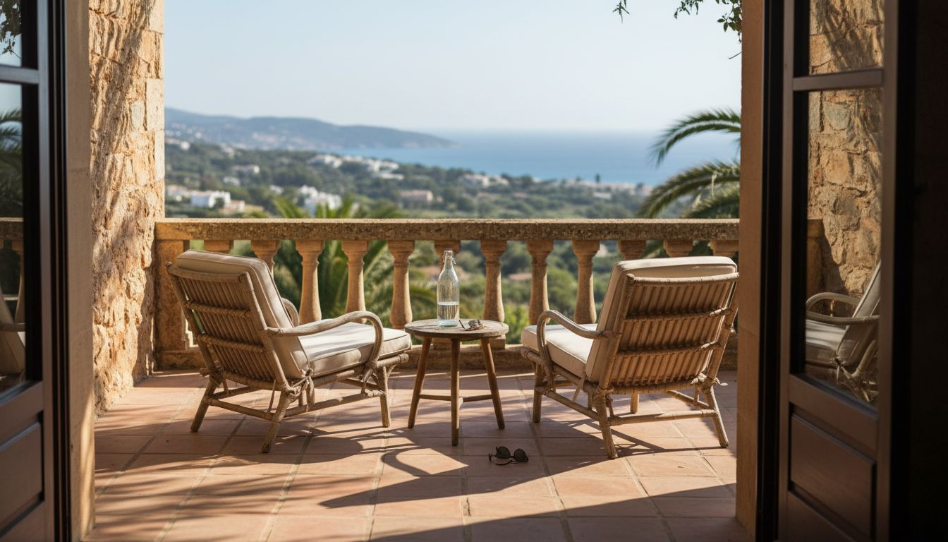 Couple on Mallorca villa terrace reviewing property