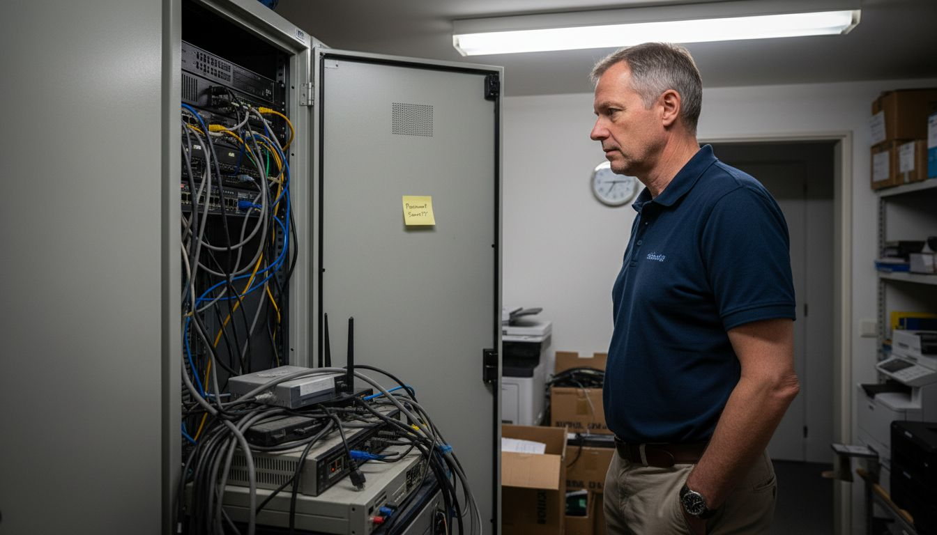 Der Praxismanager führt eine Kontrolle der Server im Technikraum durch.