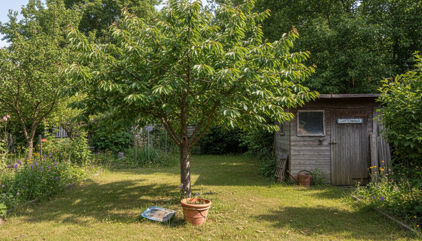 Ein junger, bereits gut entwickelter Kirschbaum steht in einem liebevoll gepflegten, bewohnten Garten.