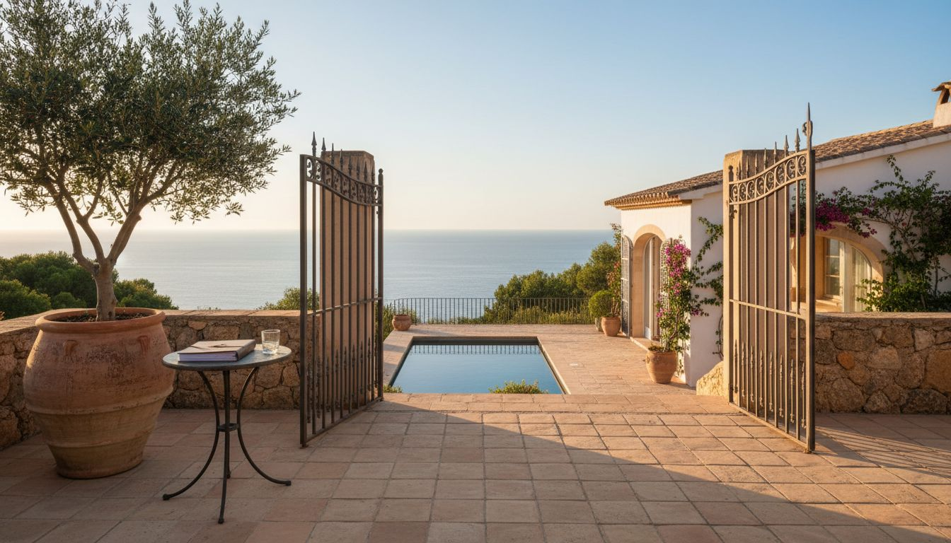 Couple viewing luxury Mallorca villa terrace