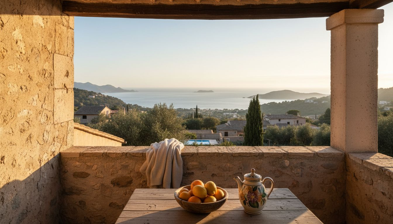 Retired couple on Mallorca villa balcony