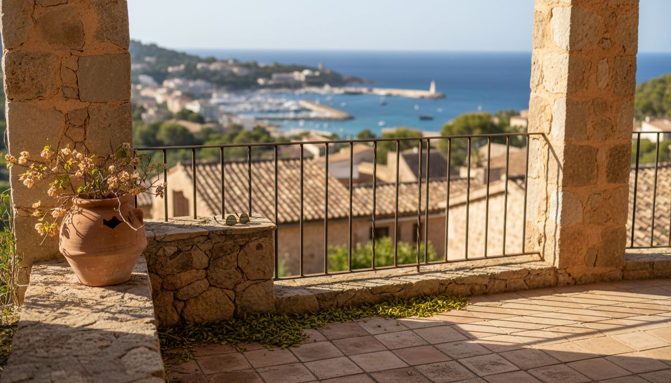 Agent touring buyers on Mallorca villa balcony