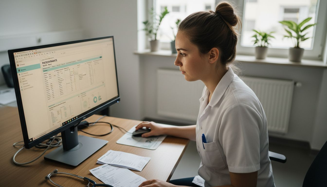 Die Praxisassistentin prüft die digitale Patientenakte sorgfältig.