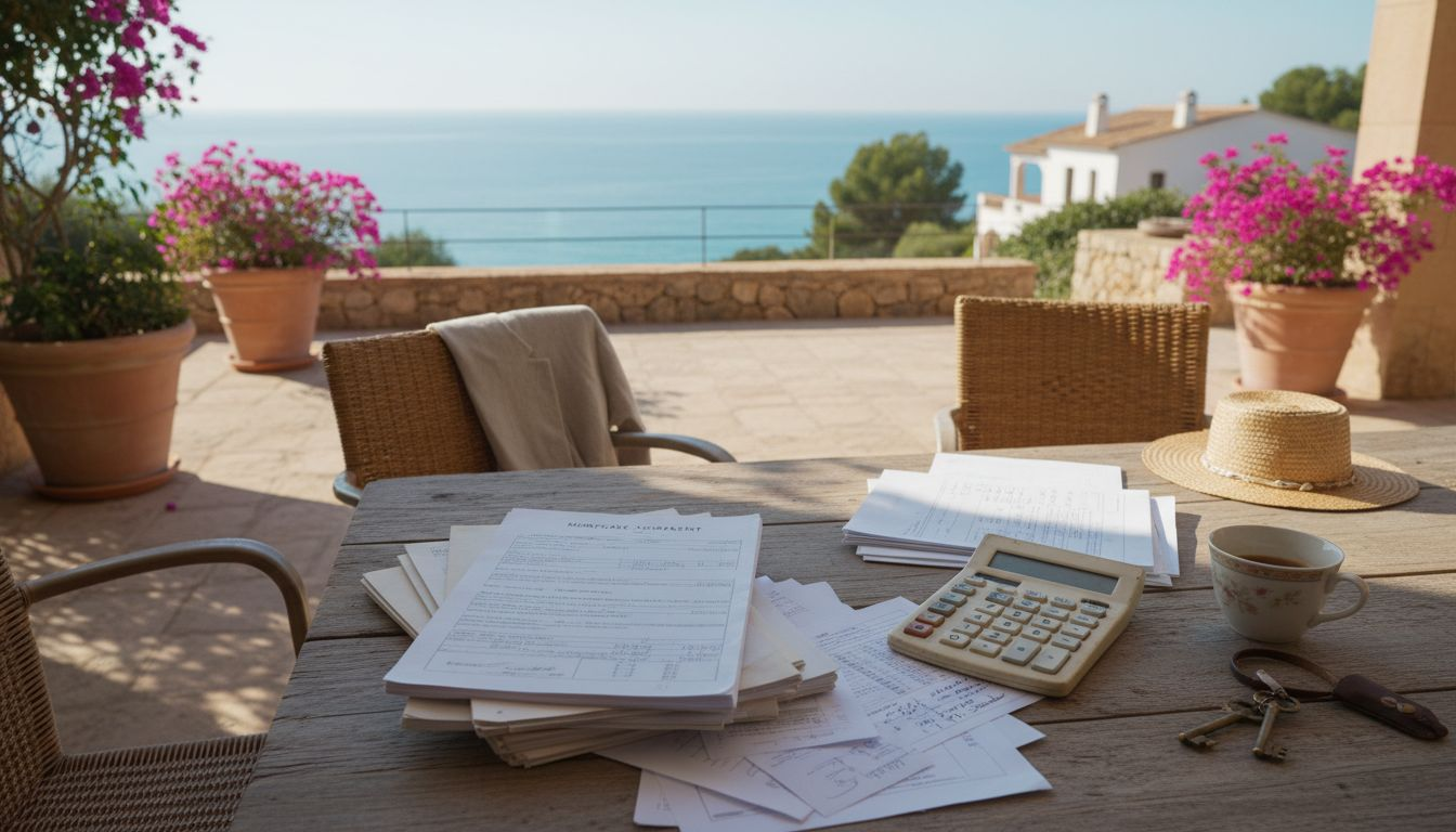 Couple reviewing mortgage at Mallorca villa