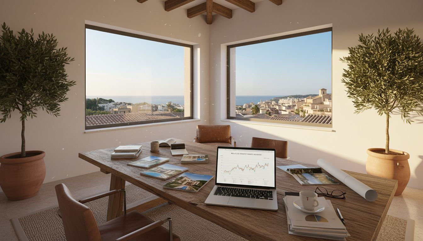 Property investor reviewing market reports in sunlit office