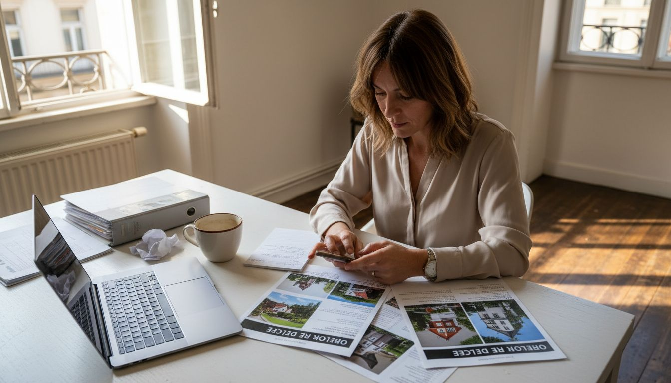 Maklerin vergleicht Immobilienpreise am Tisch