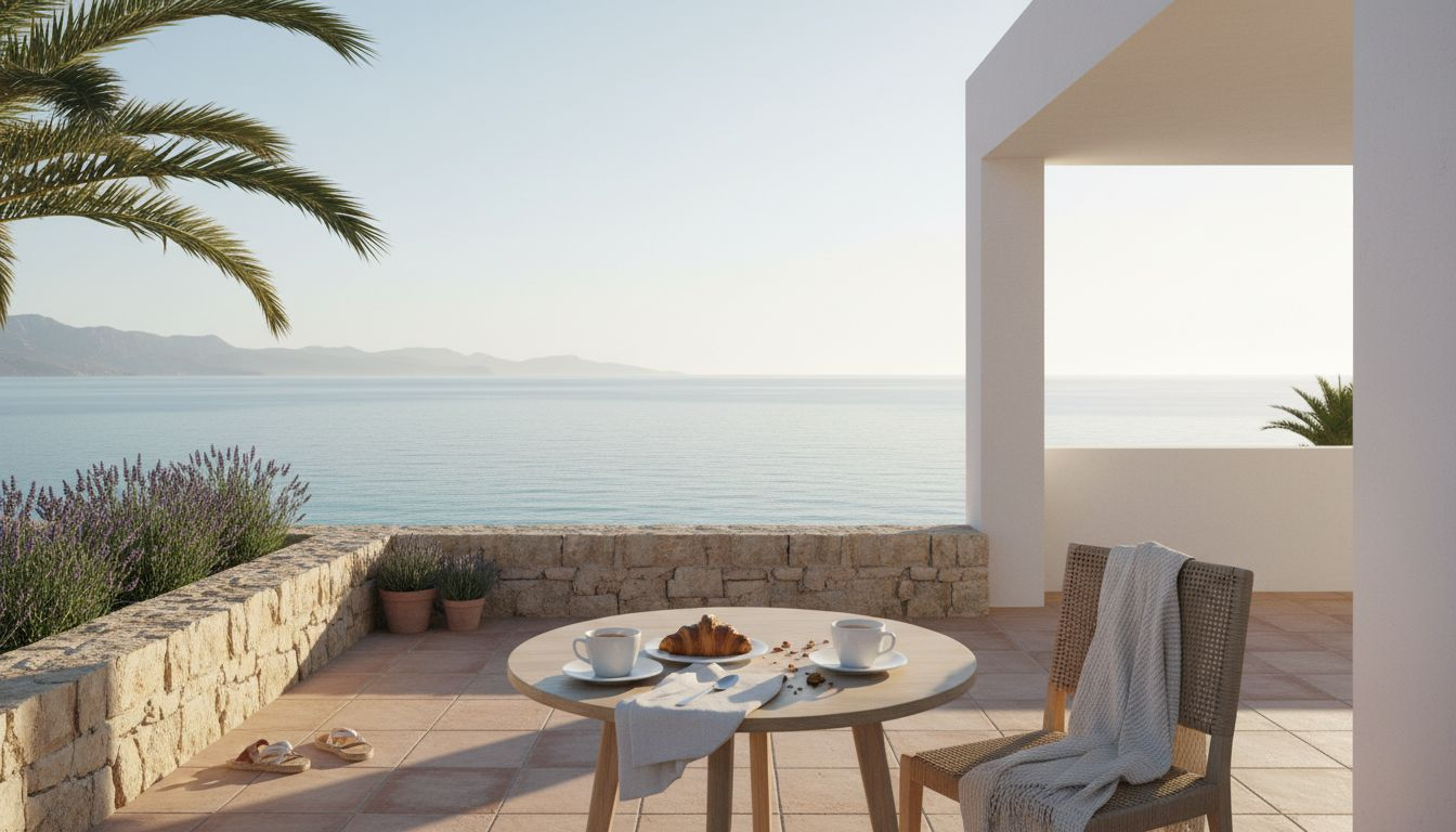 Couple on Mallorca luxury villa terrace at sunrise