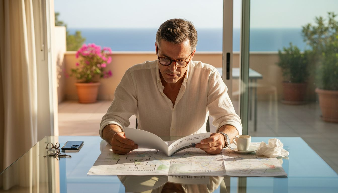 Investor reviewing Mallorca property brochures at table