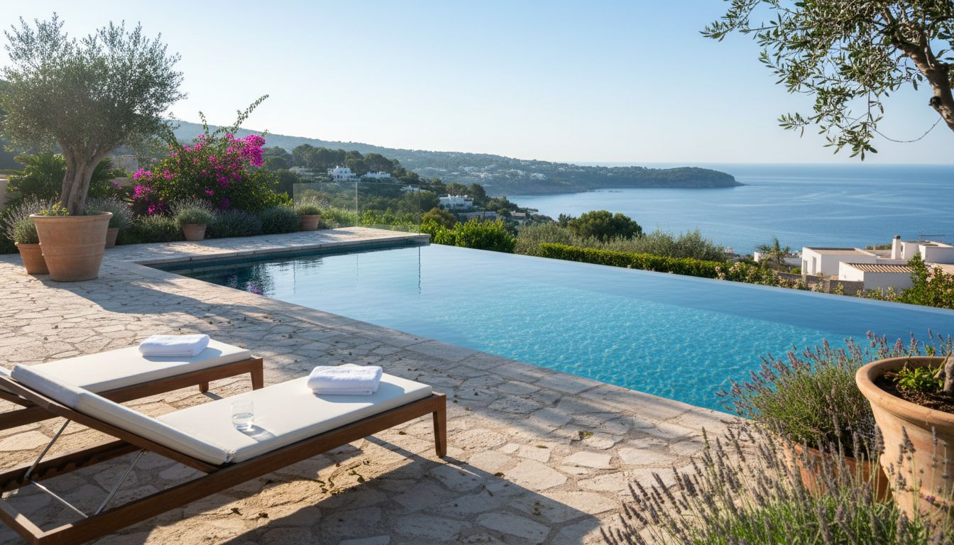 Couple on Mallorca villa terrace with infinity pool
